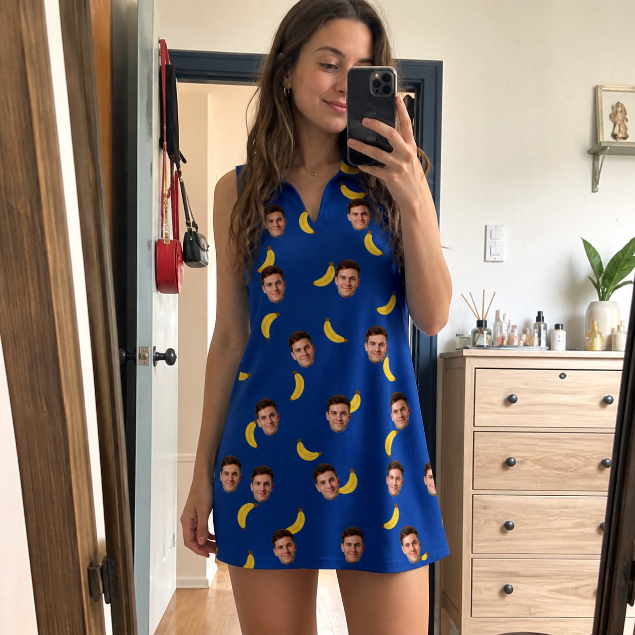 Real-life photo of someone wearing Women's Bunch Buzz Custom Face V-Neck Dress — custom faces printed all-over