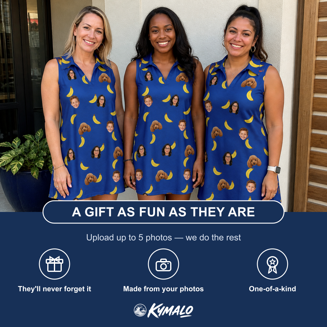 Friends in matching Women's Bunch Buzz Custom Face V-Neck Dress — a group gift photo