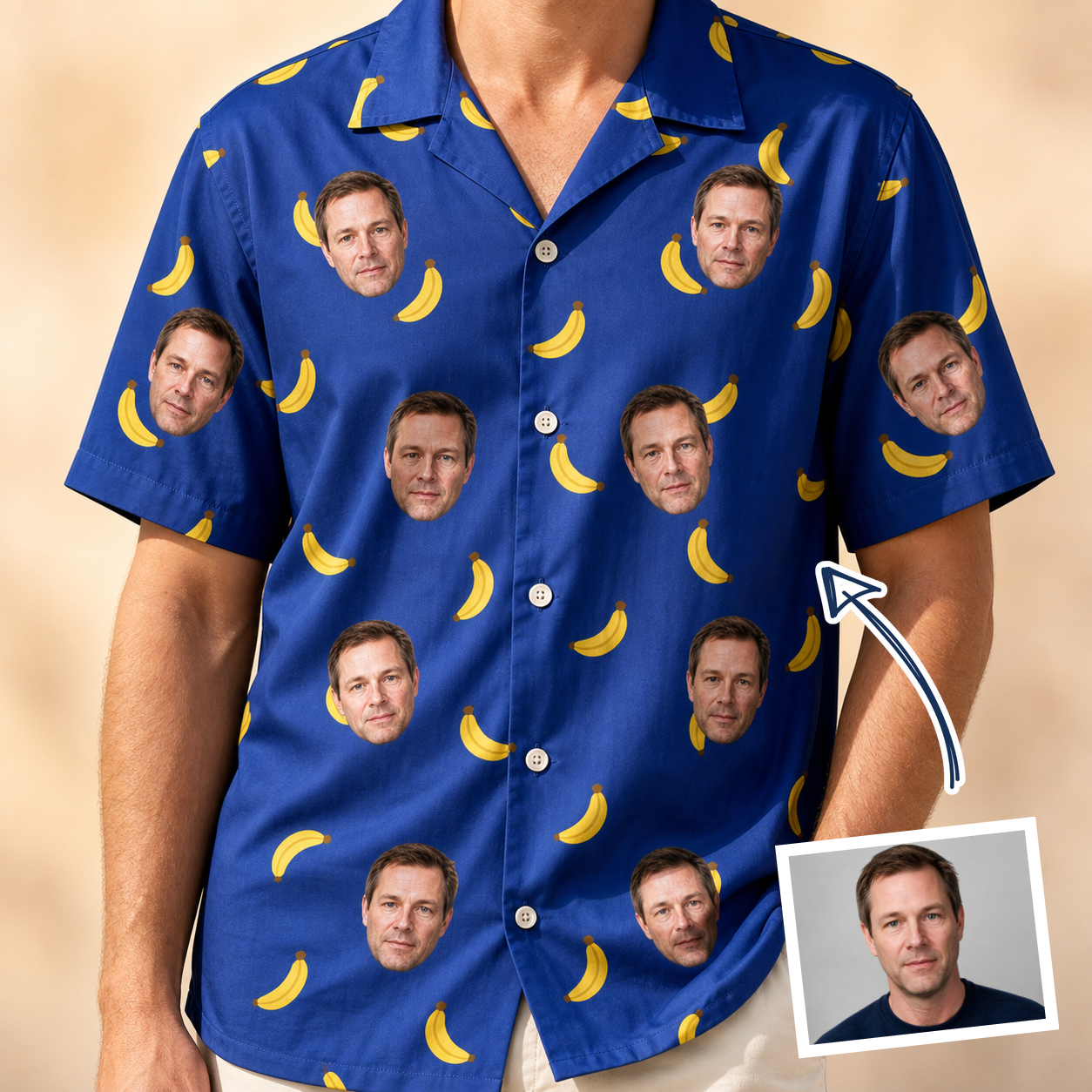 Man wearing Men's Bunch Buzz Custom Face Hawaiian Shirt — custom faces printed all-over