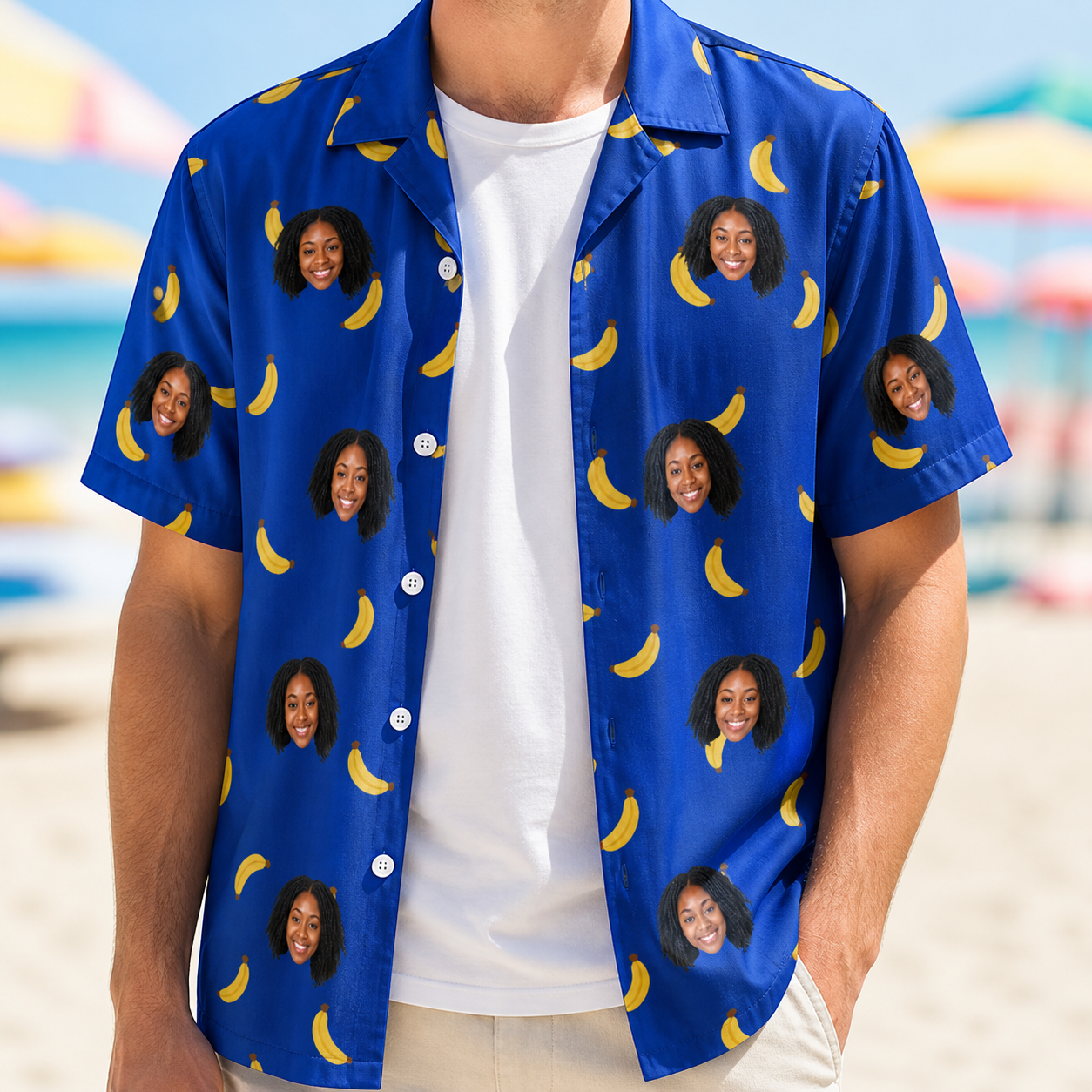 Man wearing Men's Bunch Buzz Custom Face Hawaiian Shirt open over a white tee