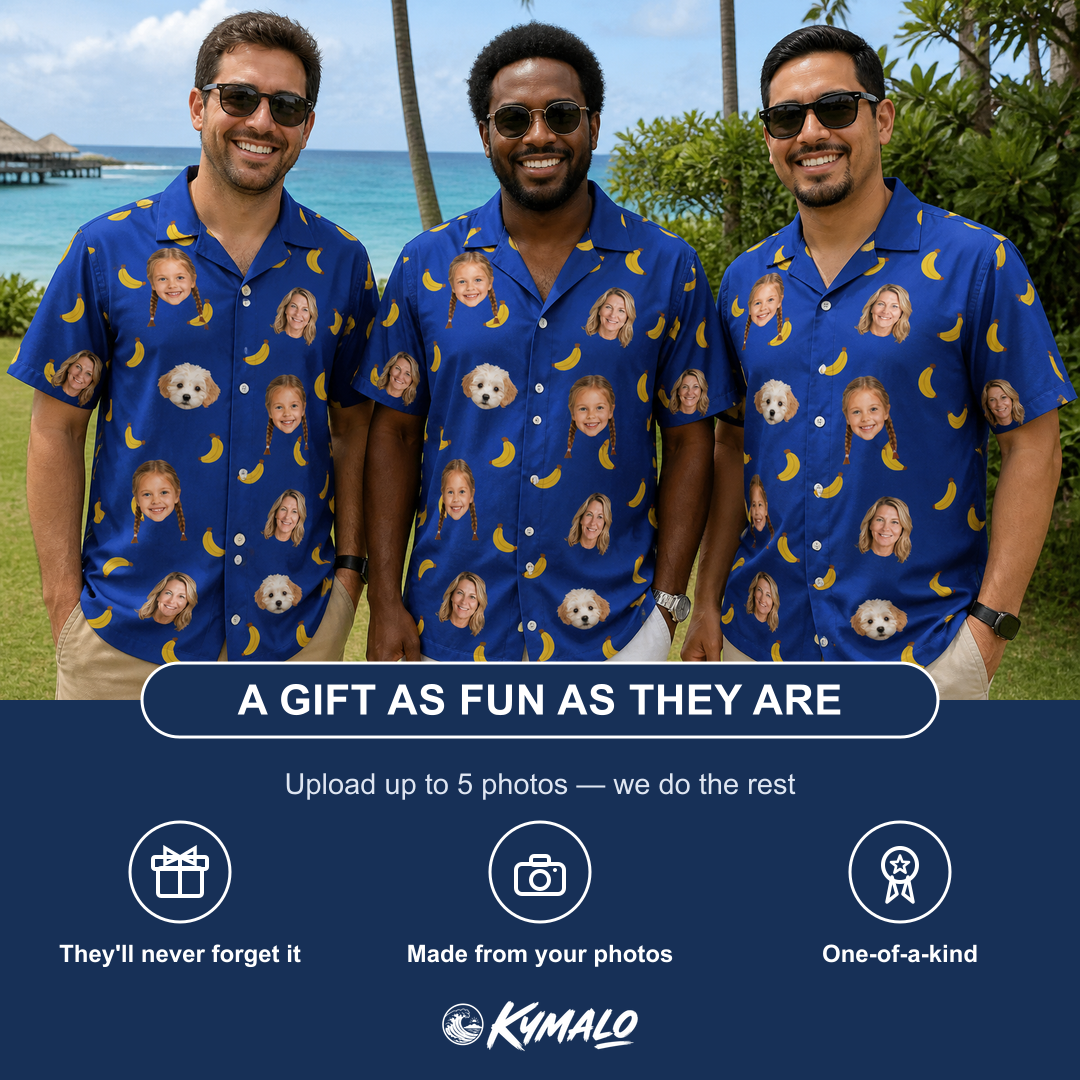 Friends in matching Men's Bunch Buzz Custom Face Hawaiian Shirt — a group gift photo