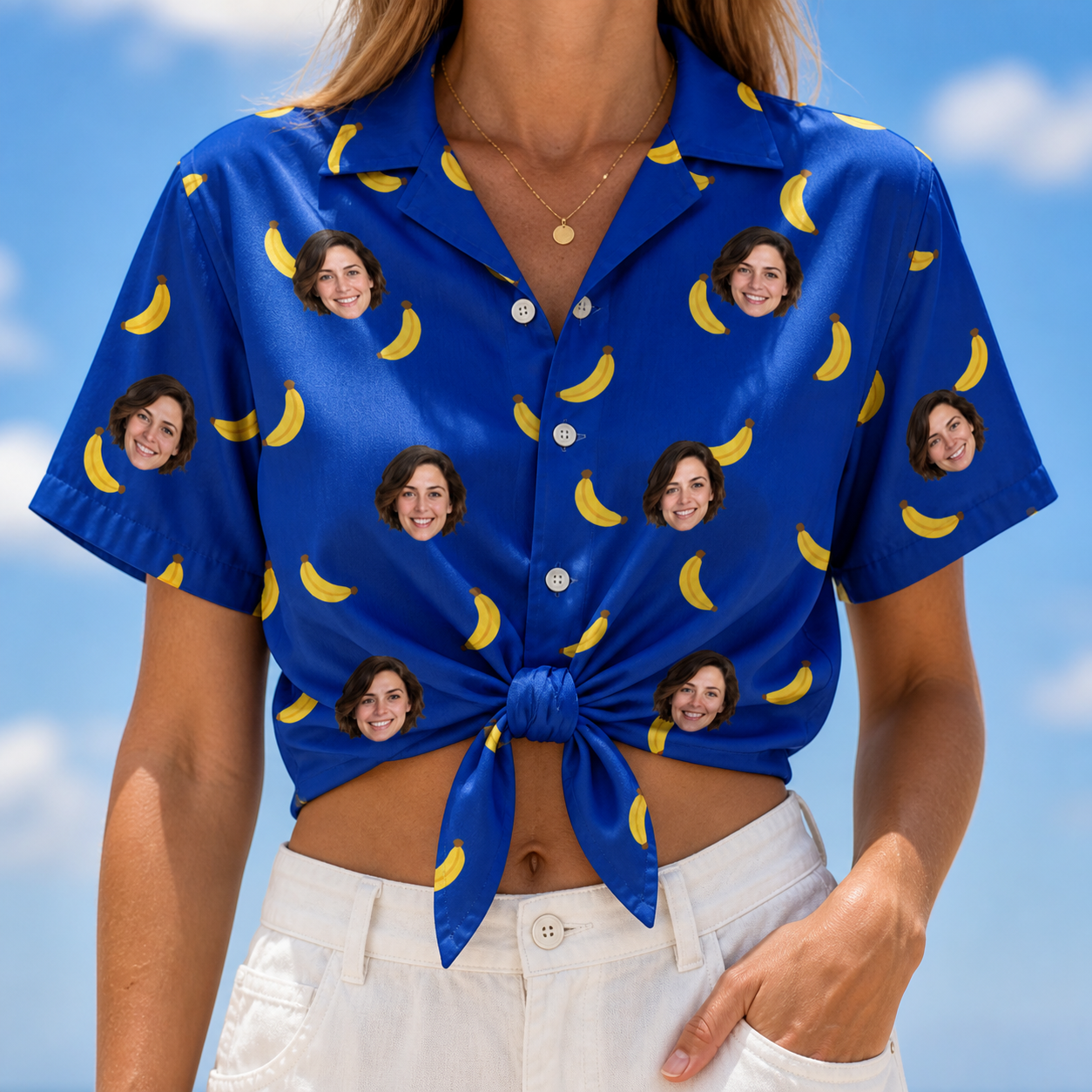 Woman wearing Women's Bunch Buzz Custom Face Hawaiian Shirt tied at the waist