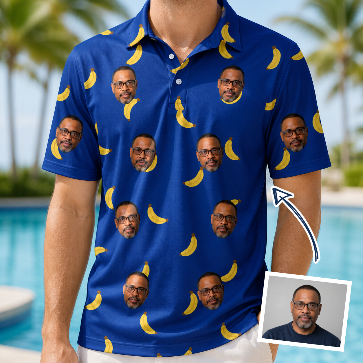 Man wearing Men's Bunch Buzz Custom Face Polo Shirt — custom faces printed all-over