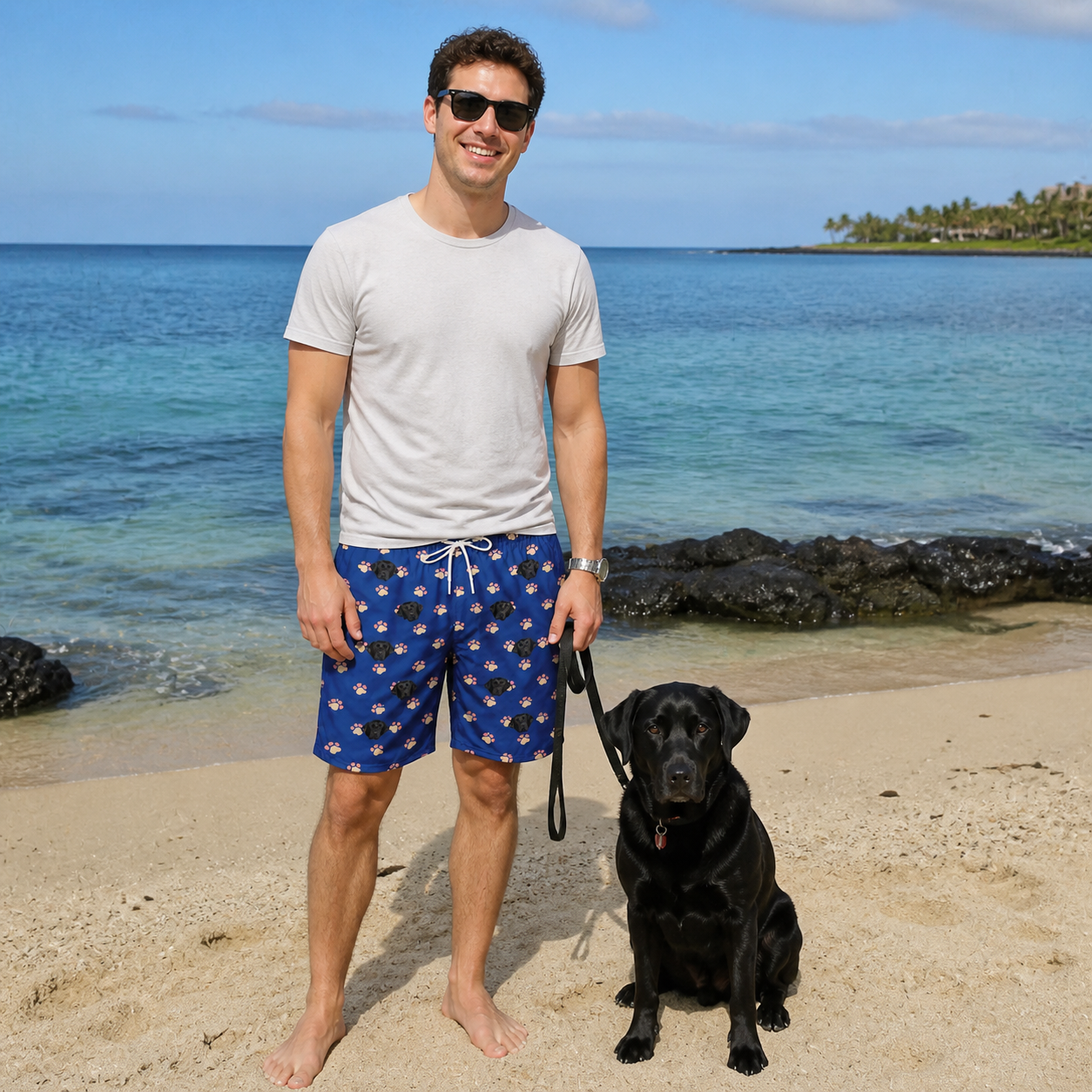 Full-length photo with the pet printed all over this Men's Canine Confetti Custom Dog Face Beach Shorts
