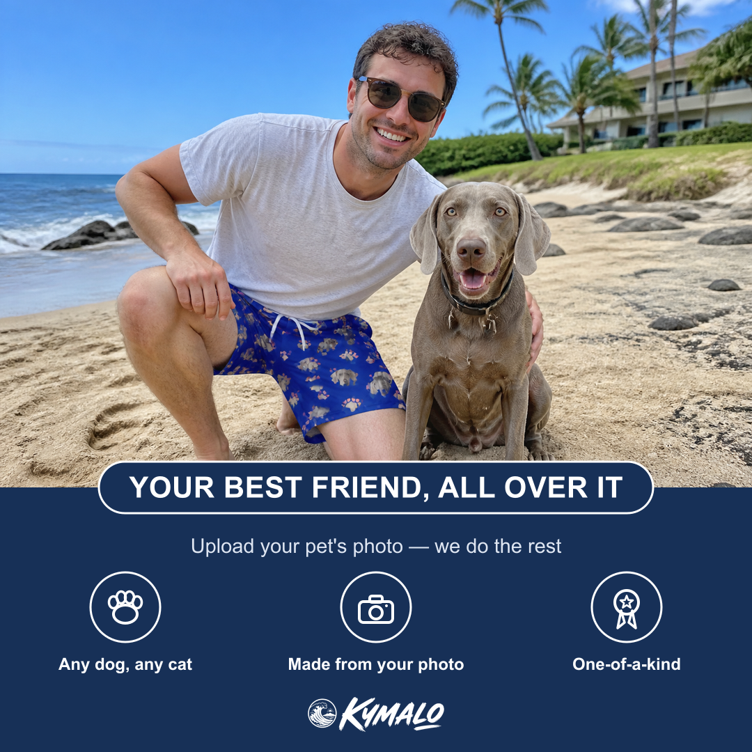 Friends in matching Men's Canine Confetti Custom Dog Face Beach Shorts — a group gift photo