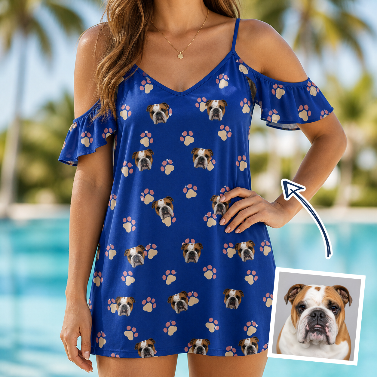 Woman wearing Women's Canine Confetti Custom Dog Face Off-Shoulder Dress — custom faces printed all-over