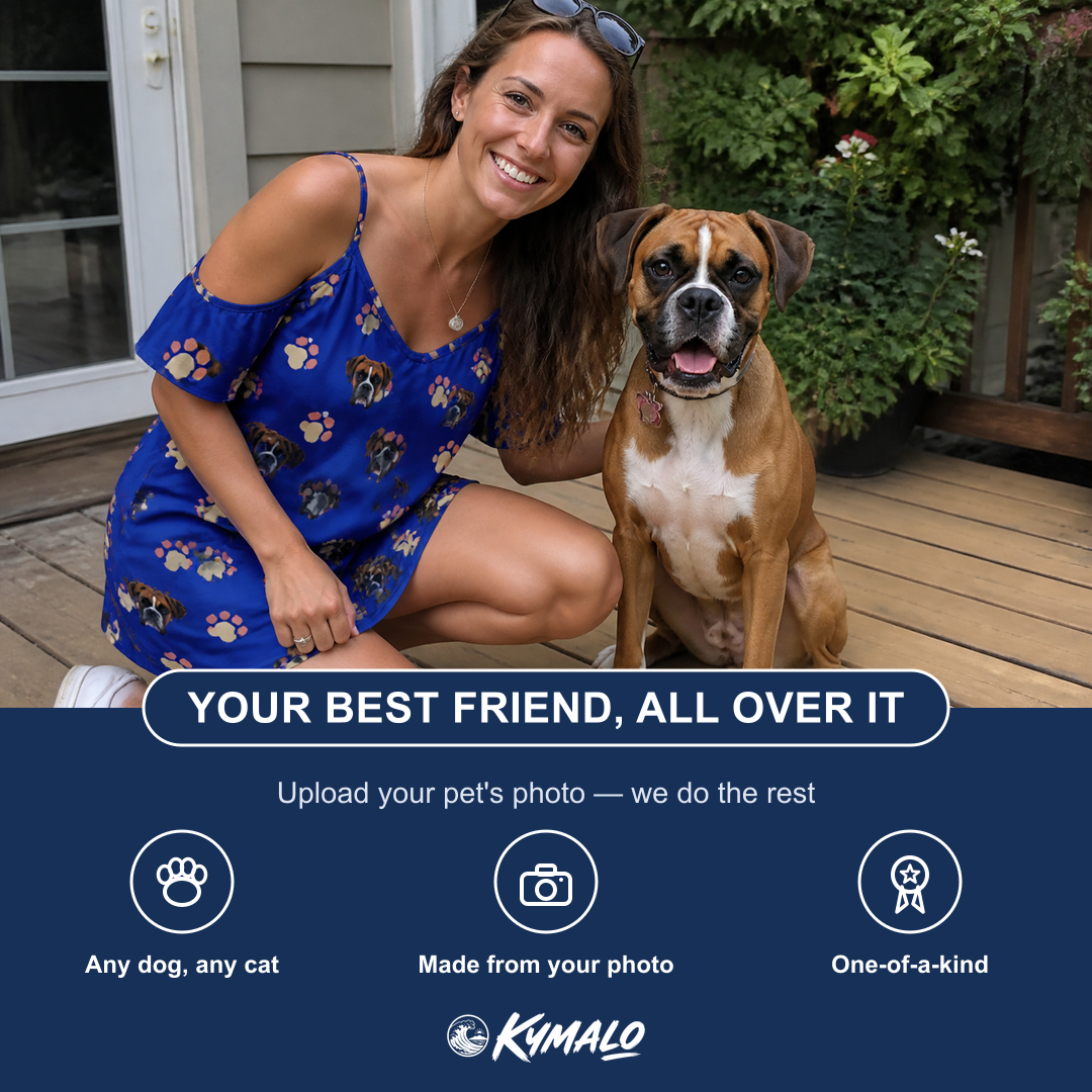 Friends in matching Women's Canine Confetti Custom Dog Face Off-Shoulder Dress — a group gift photo