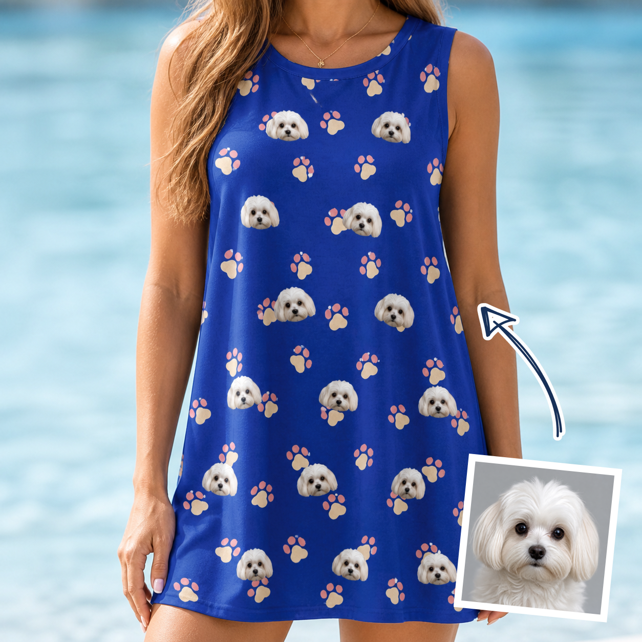 Woman wearing Women's Canine Confetti Custom Dog Face Tank Dress — custom faces printed all-over