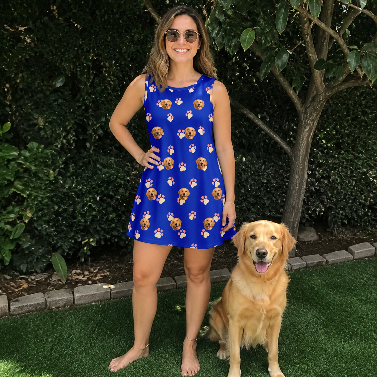 Full-length photo with the pet printed all over this Women's Canine Confetti Custom Dog Face Tank Dress