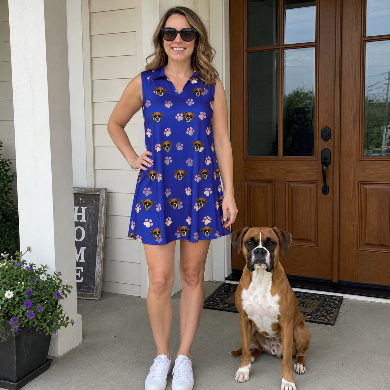 Full-length photo with the pet printed all over this Women's Canine Confetti Custom Dog Face V-Neck Dress