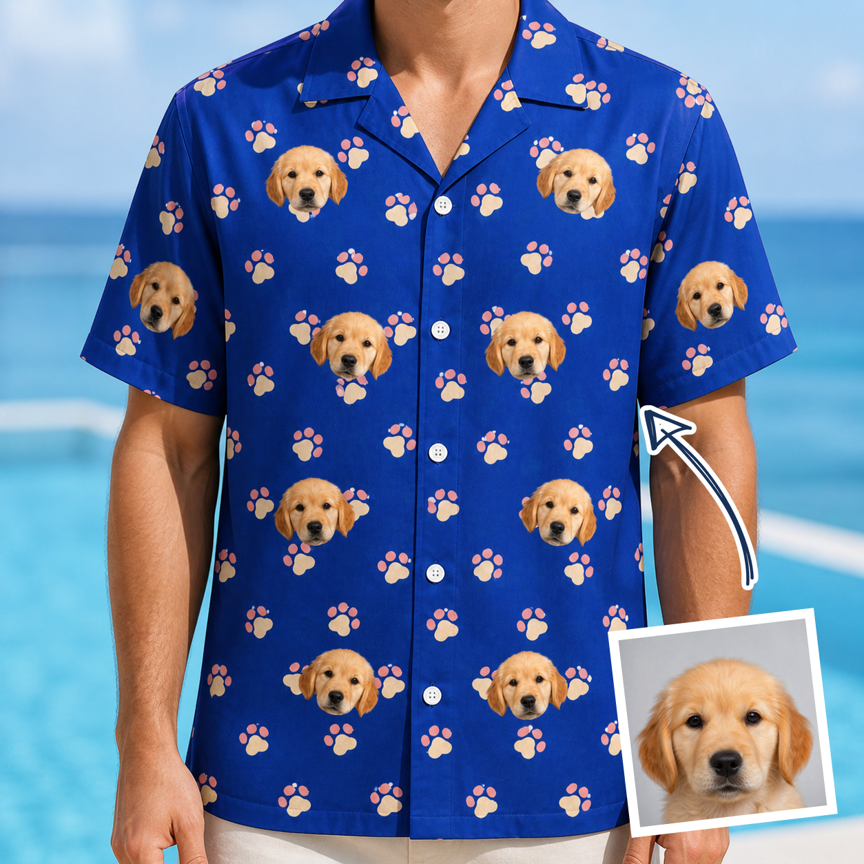 Man wearing Men's Canine Confetti Custom Dog Face Hawaiian Shirt — custom faces printed all-over