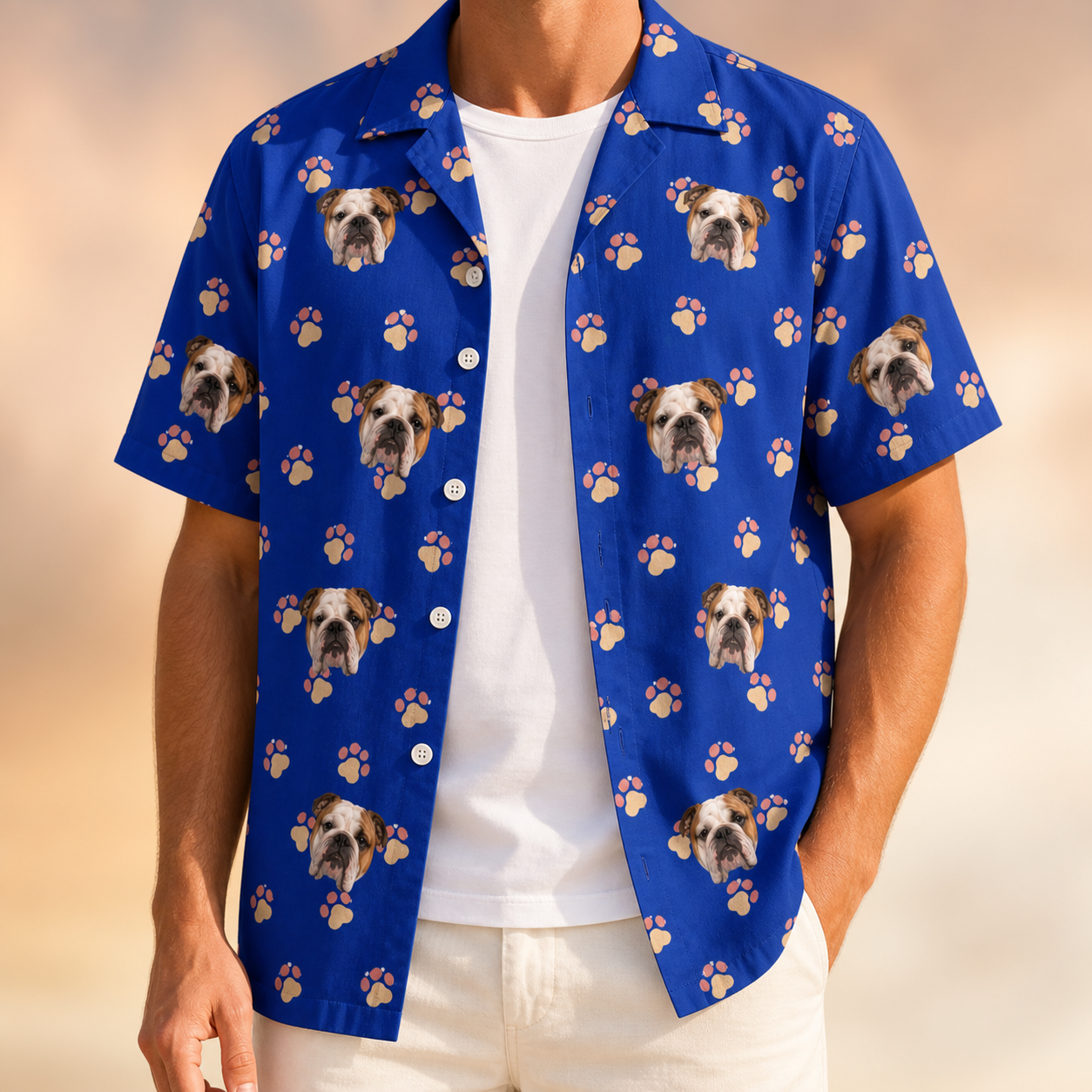 Man wearing Men's Canine Confetti Custom Dog Face Hawaiian Shirt open over a white tee
