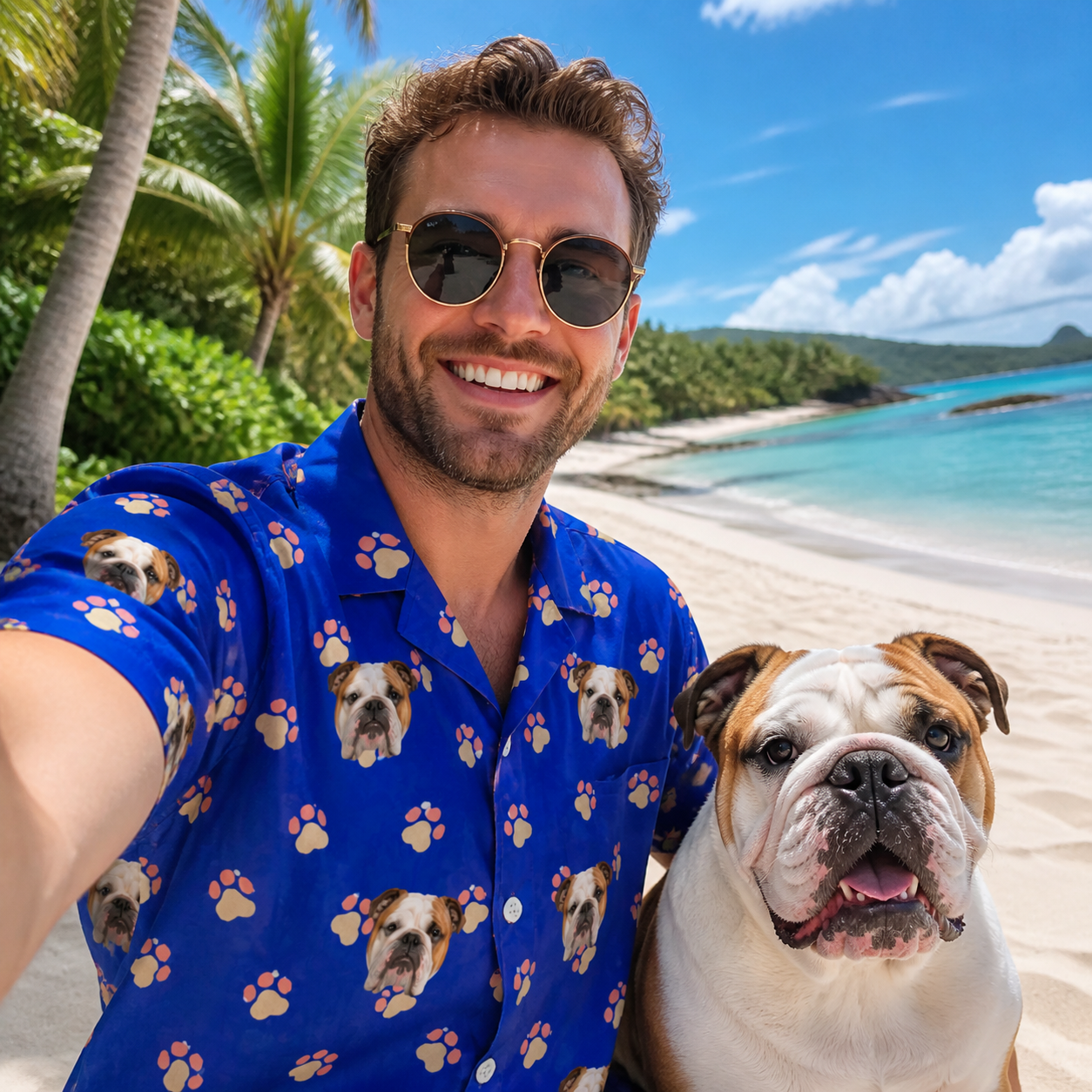 Selfie with the pet whose face is printed all over this Men's Canine Confetti Custom Dog Face Hawaiian Shirt
