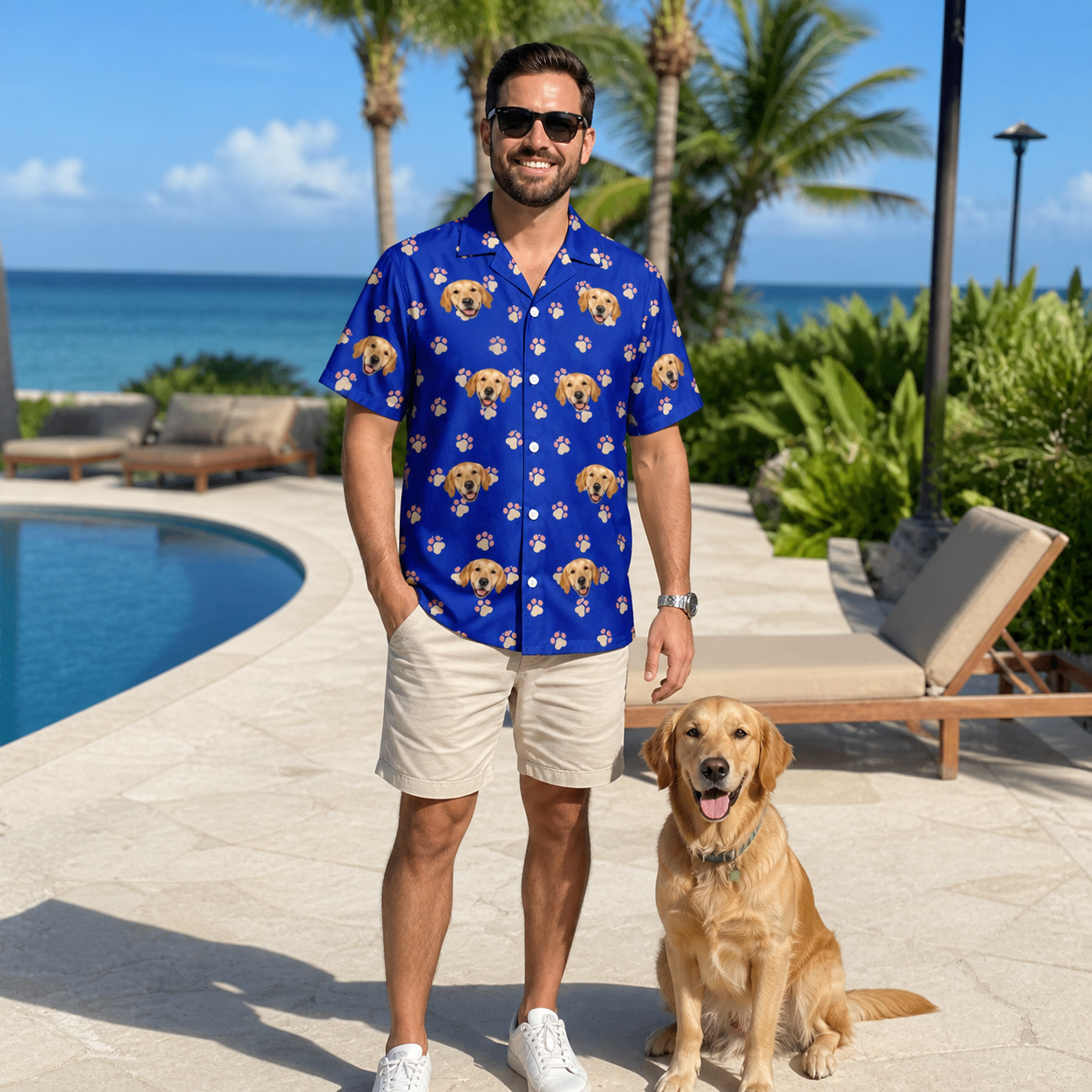 Full-length photo with the pet printed all over this Men's Canine Confetti Custom Dog Face Hawaiian Shirt