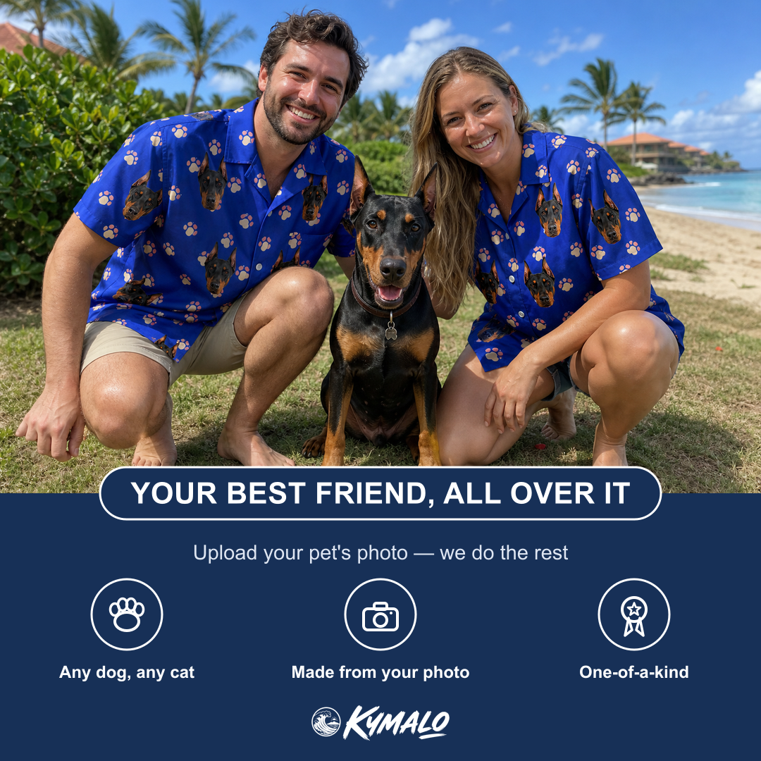 Friends in matching Men's Canine Confetti Custom Dog Face Hawaiian Shirt — a group gift photo