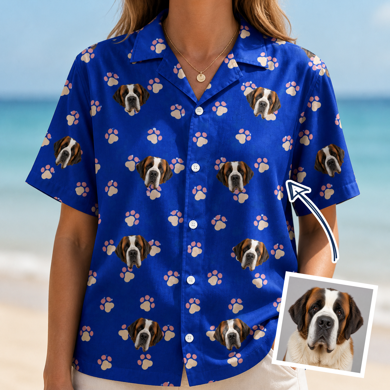 Woman wearing Women's Canine Confetti Custom Dog Face Hawaiian Shirt — custom faces printed all-over