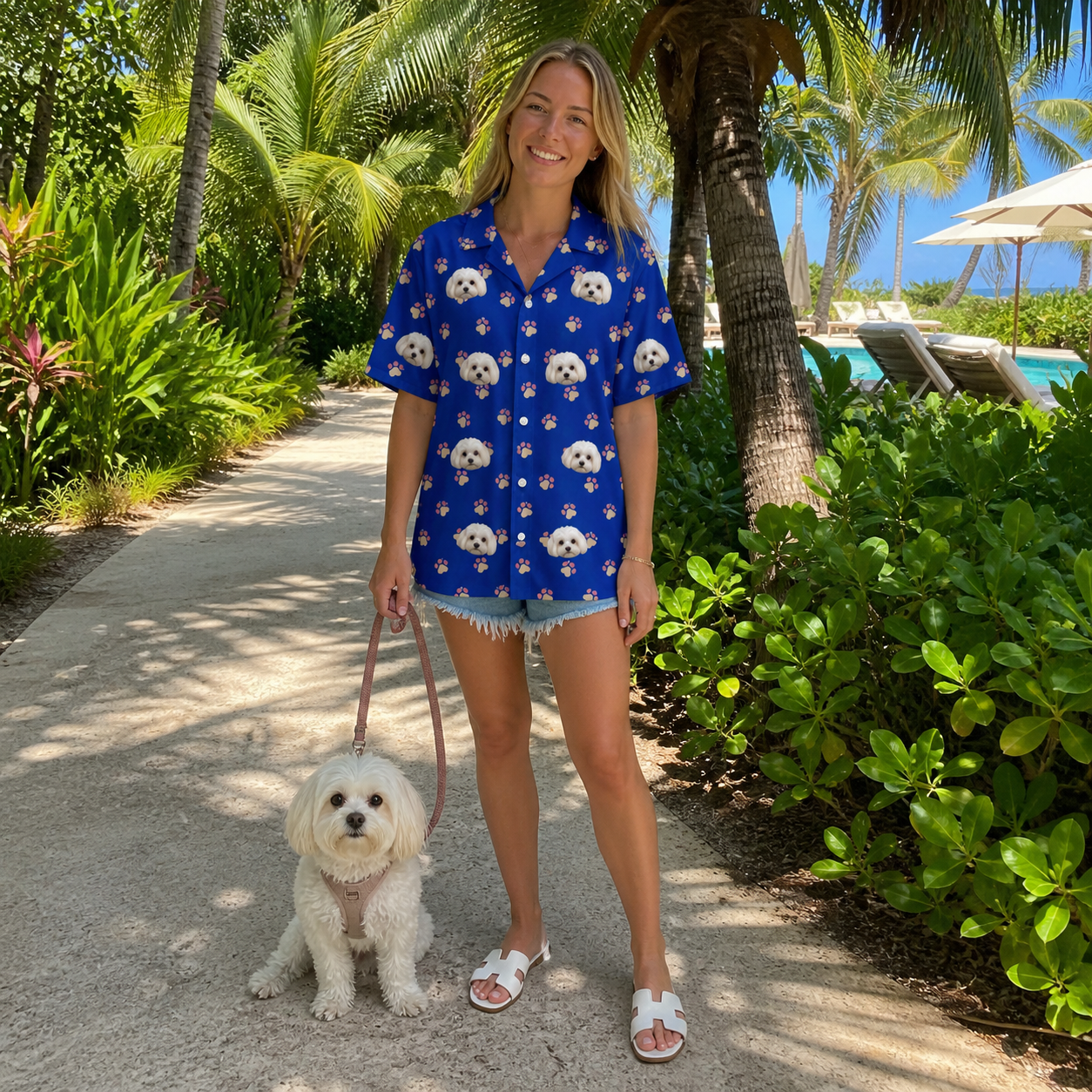 Full-length photo with the pet printed all over this Women's Canine Confetti Custom Dog Face Hawaiian Shirt
