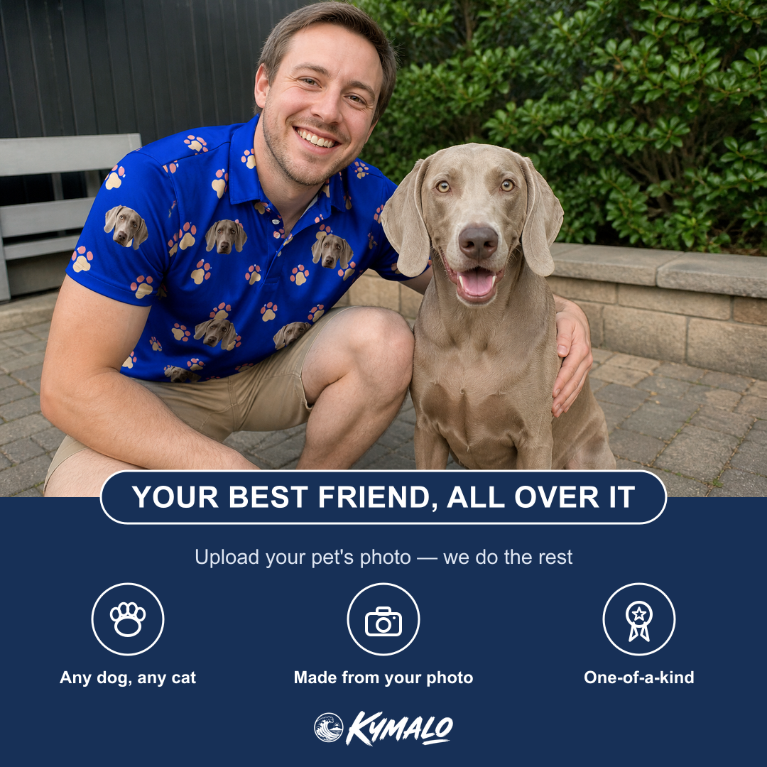 Friends in matching Men's Canine Confetti Custom Dog Face Polo Shirt — a group gift photo
