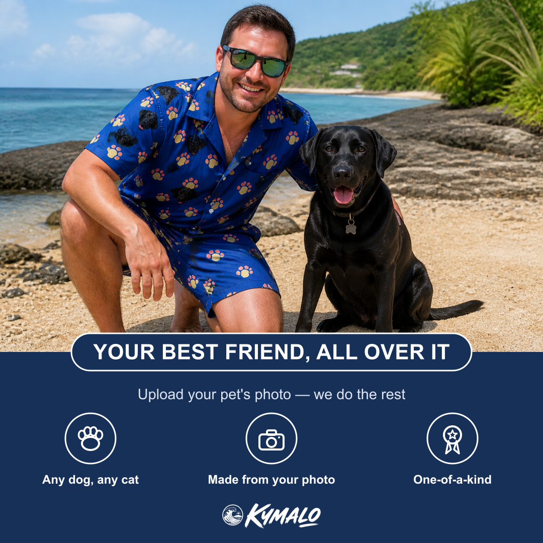 Friends in matching Men's Canine Confetti Custom Dog Face Shirt & Shorts Set — a group gift photo