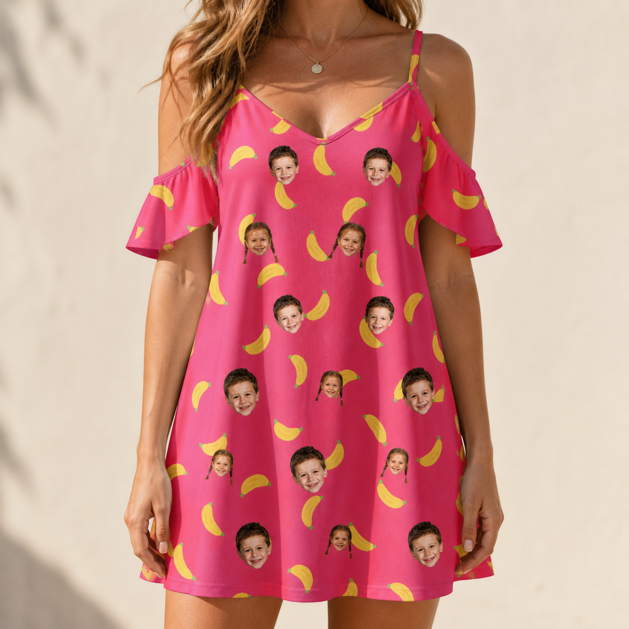 Model wearing Women's Banana Bonanza Custom Face Off-Shoulder Dress printed with kids' faces