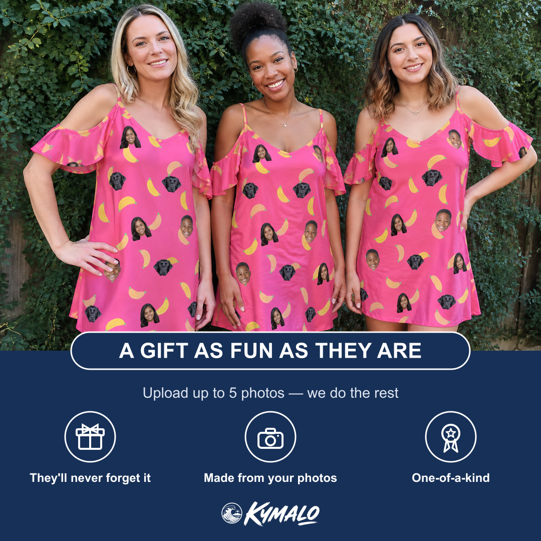 Friends in matching Women's Banana Bonanza Custom Face Off-Shoulder Dress — a group gift photo