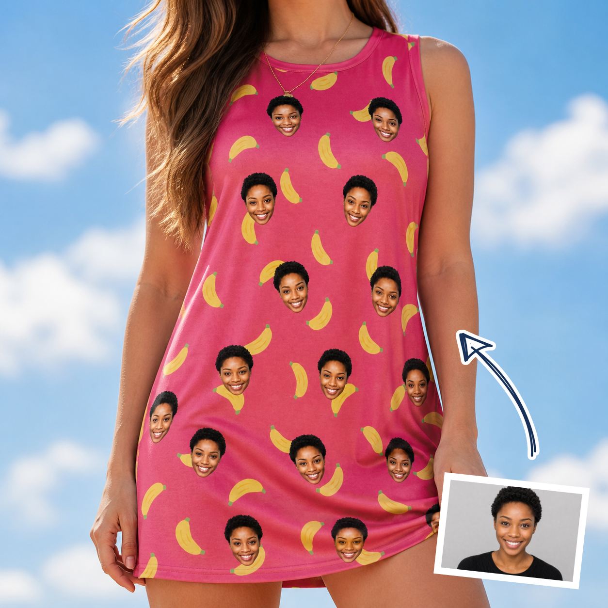 Woman wearing Women's Banana Bonanza Custom Face Tank Dress — custom faces printed all-over