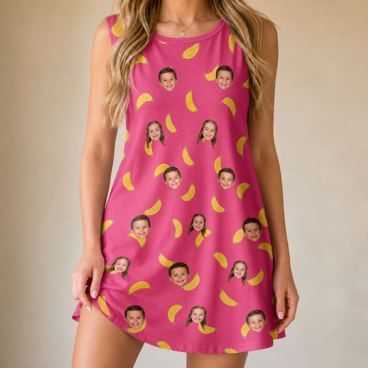 Model wearing Women's Banana Bonanza Custom Face Tank Dress printed with kids' faces