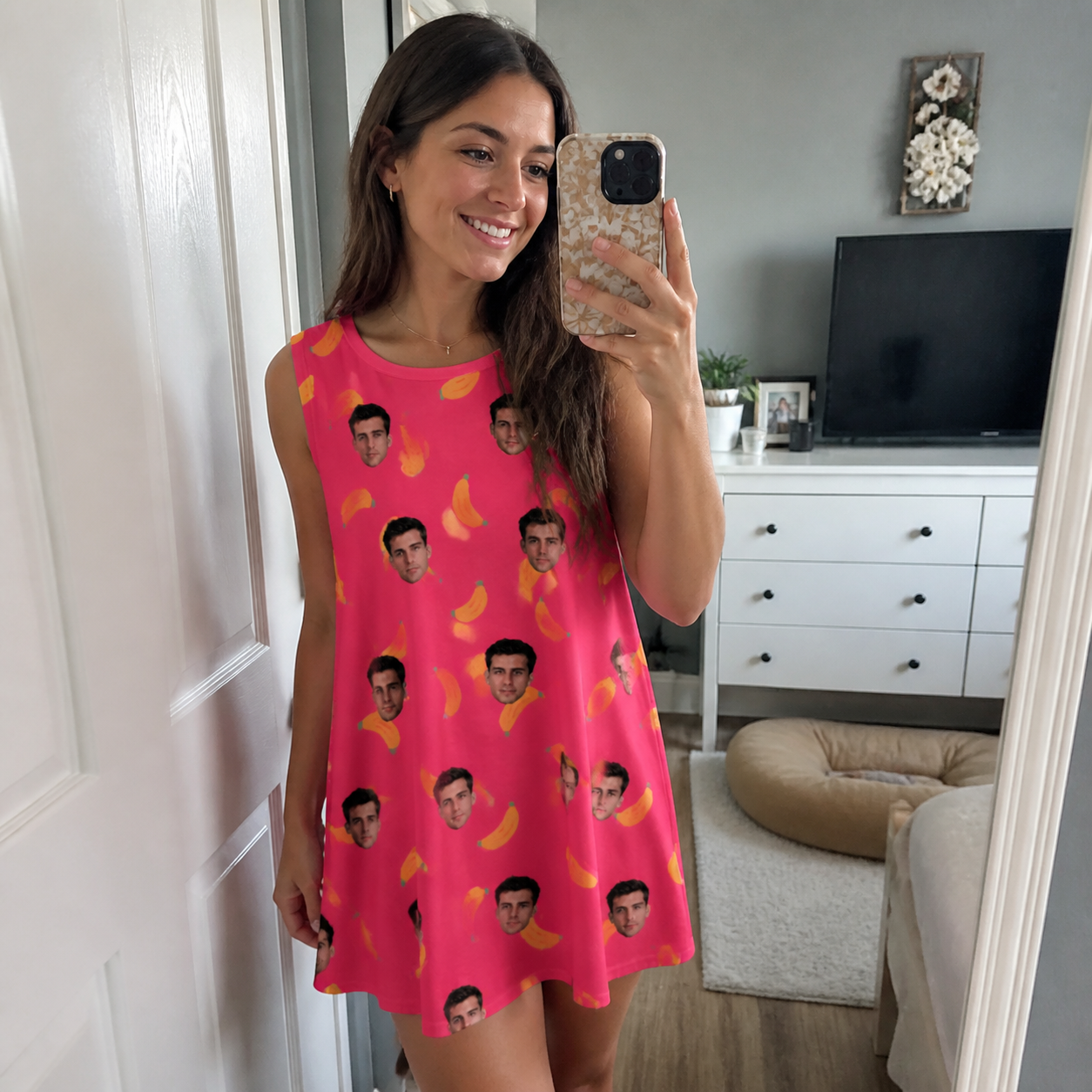 Real-life photo of someone wearing Women's Banana Bonanza Custom Face Tank Dress — custom faces printed all-over