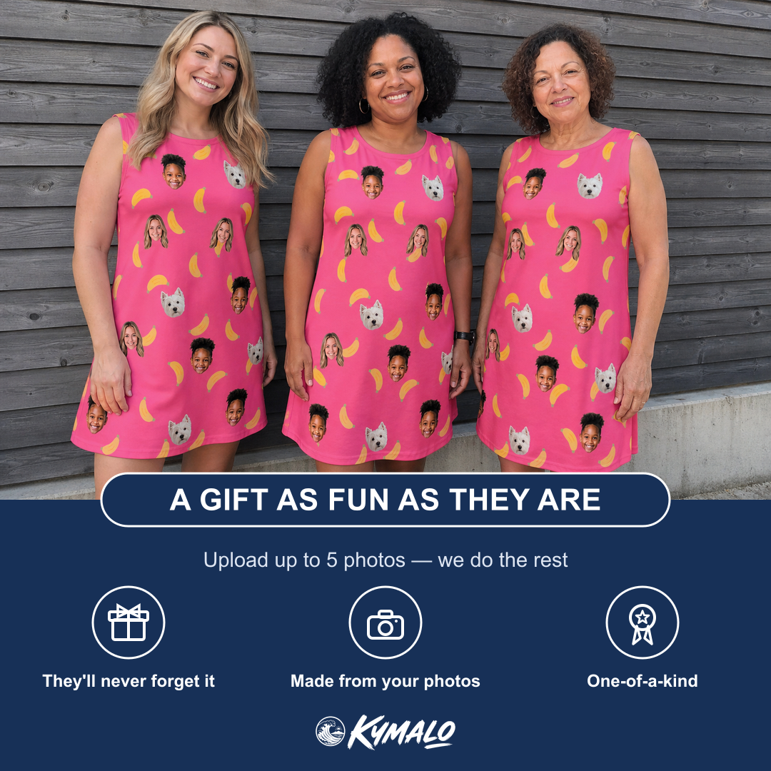 Friends in matching Women's Banana Bonanza Custom Face Tank Dress — a group gift photo
