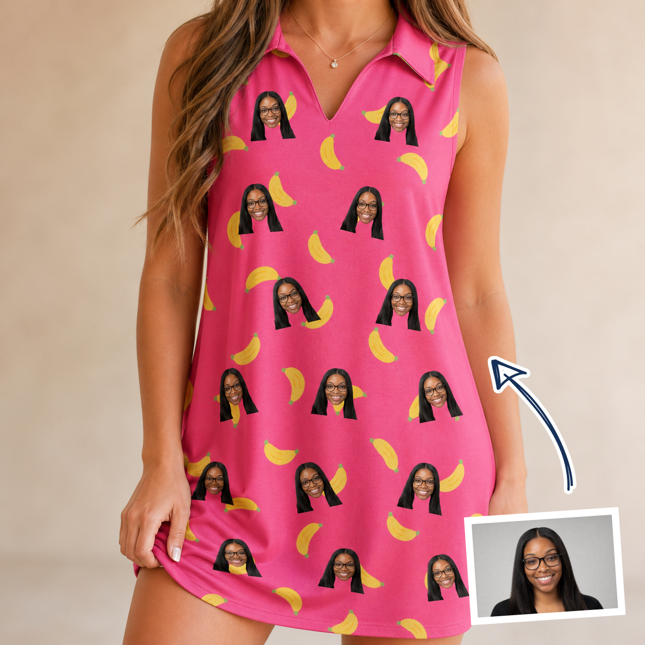 Woman wearing Women's Banana Bonanza Custom Face V-Neck Dress — custom faces printed all-over