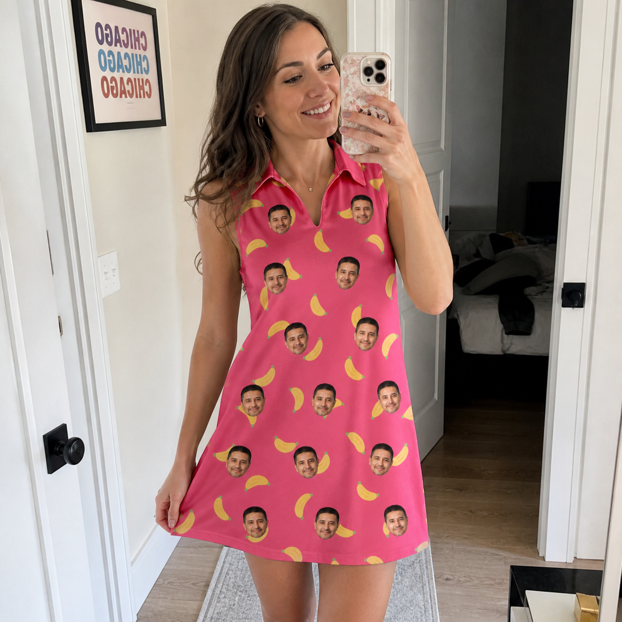 Real-life photo of someone wearing Women's Banana Bonanza Custom Face V-Neck Dress — custom faces printed all-over