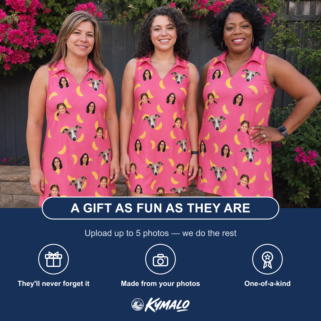 Friends in matching Women's Banana Bonanza Custom Face V-Neck Dress — a group gift photo
