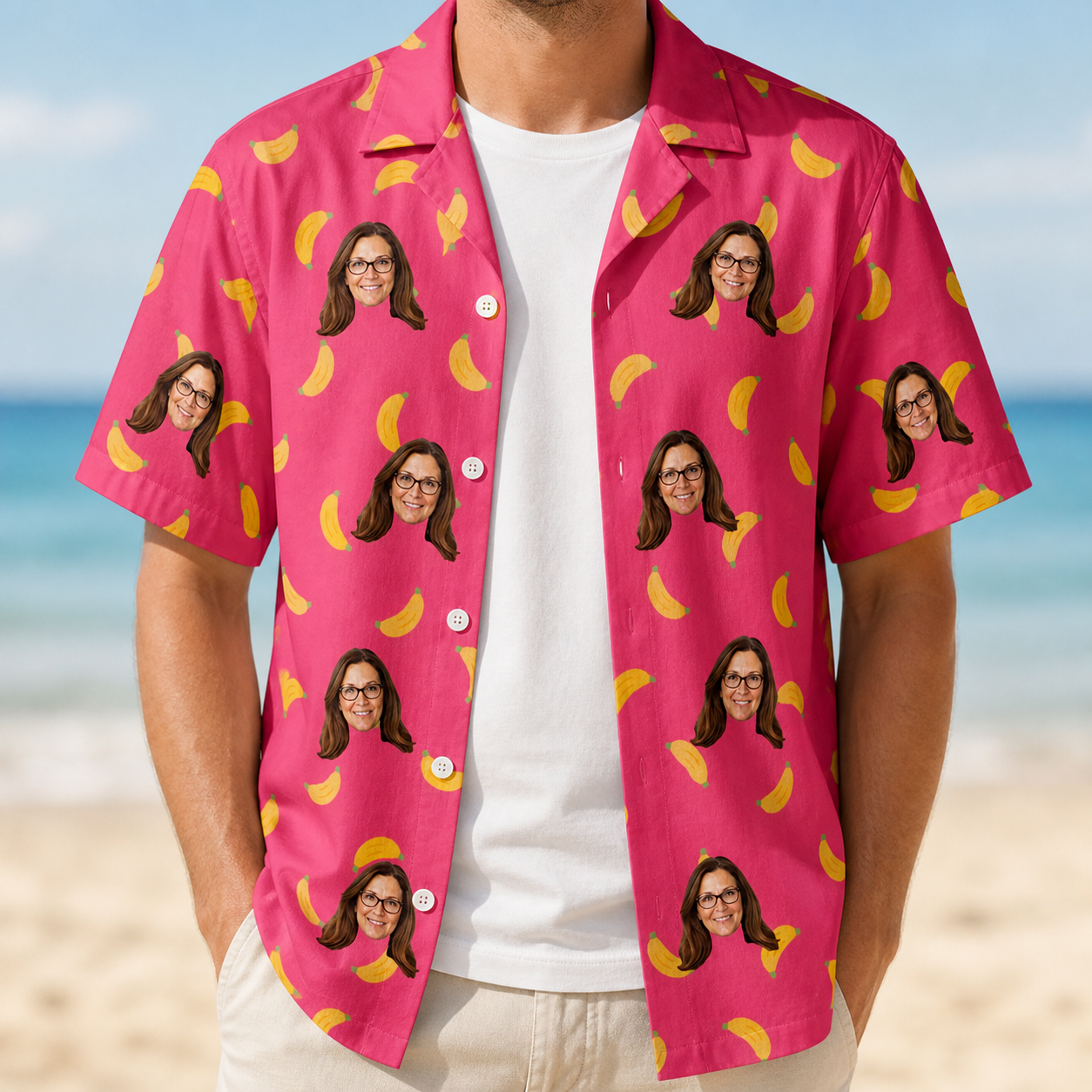 Man wearing Men's Banana Bonanza Custom Face Hawaiian Shirt open over a white tee