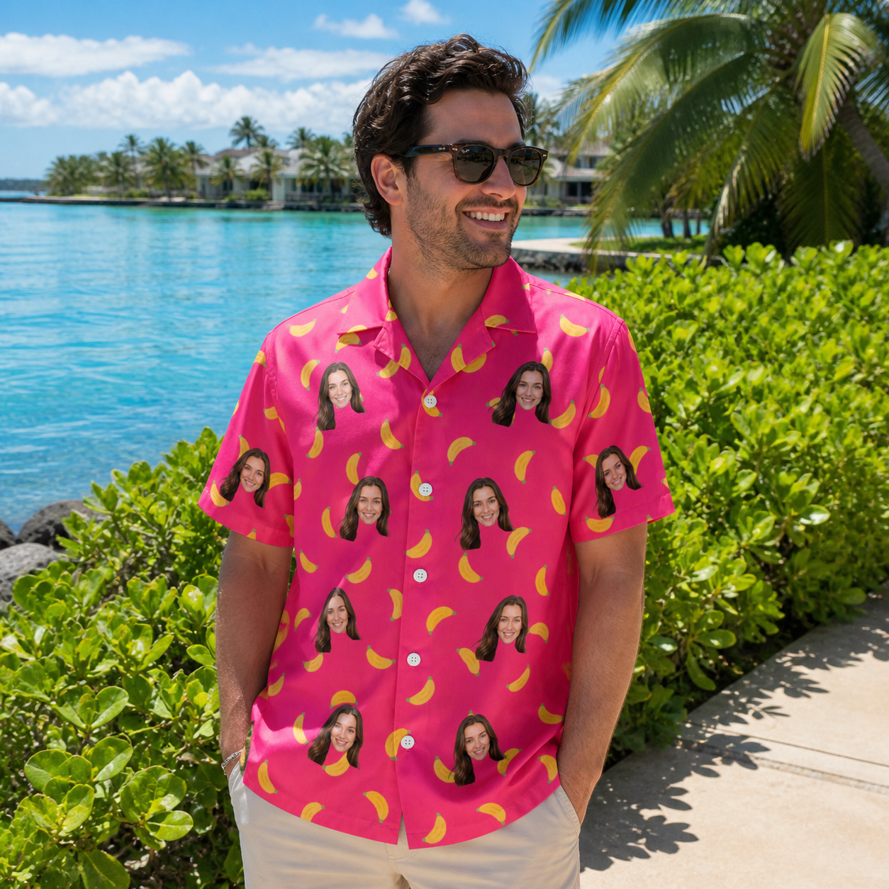 Real-life photo of someone wearing Men's Banana Bonanza Custom Face Hawaiian Shirt — custom faces printed all-over