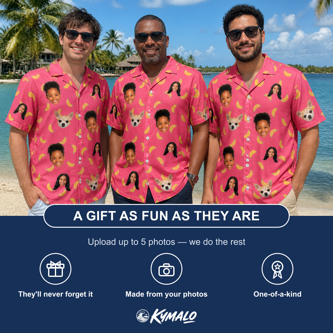 Friends in matching Men's Banana Bonanza Custom Face Hawaiian Shirt — a group gift photo