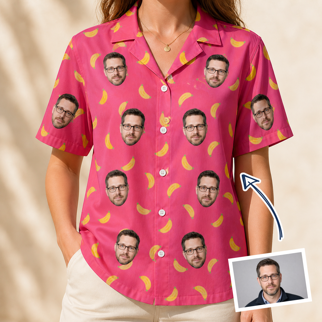 Woman wearing Women's Banana Bonanza Custom Face Hawaiian Shirt — custom faces printed all-over