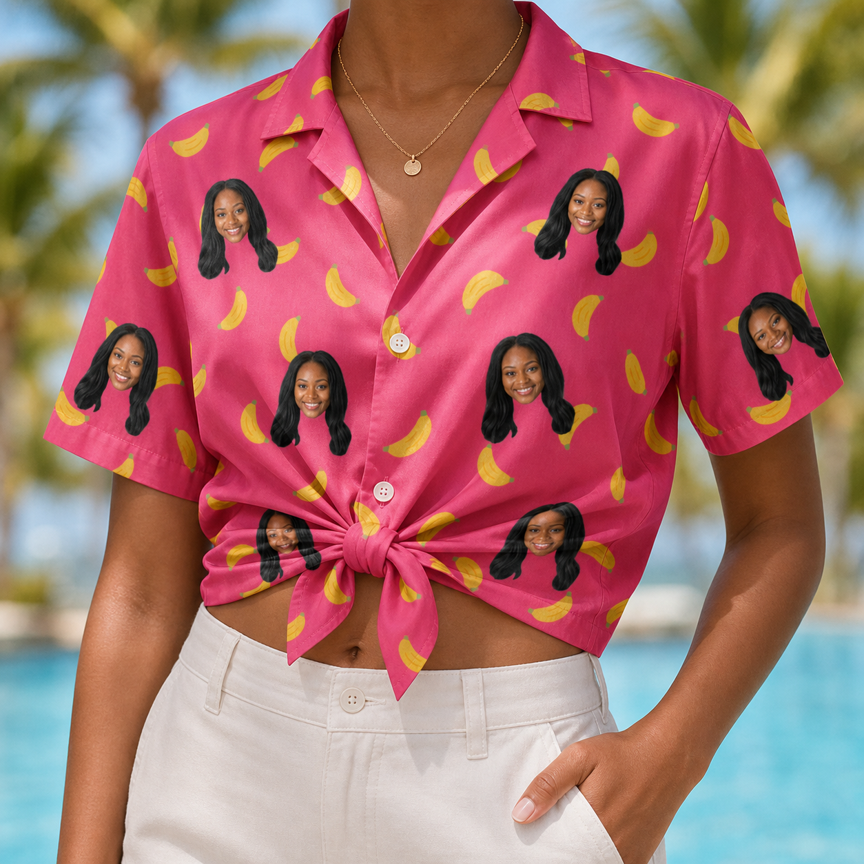 Woman wearing Women's Banana Bonanza Custom Face Hawaiian Shirt tied at the waist