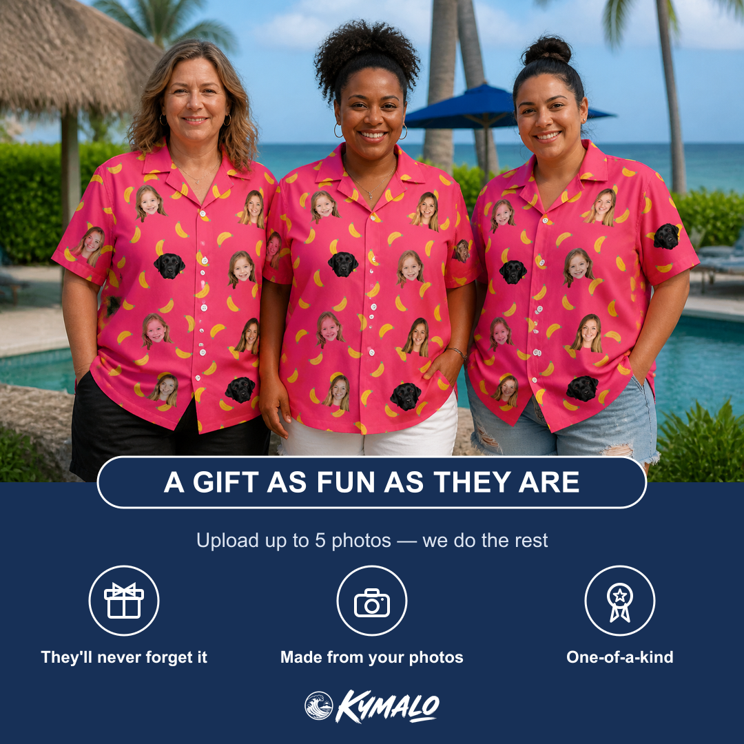 Friends in matching Women's Banana Bonanza Custom Face Hawaiian Shirt — a group gift photo