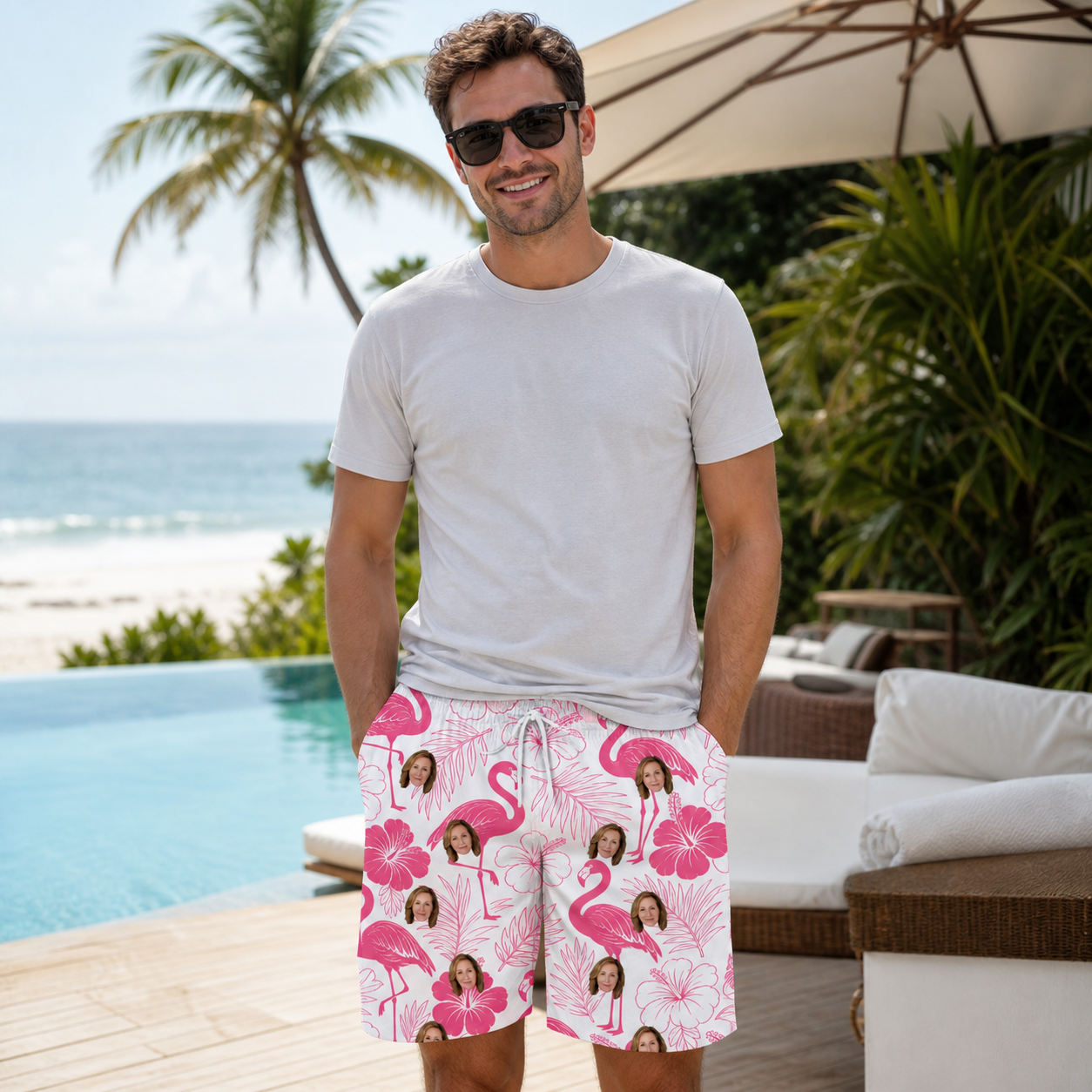 Real-life photo of someone wearing Men's Rosy Waders Custom Face Beach Shorts — custom faces printed all-over