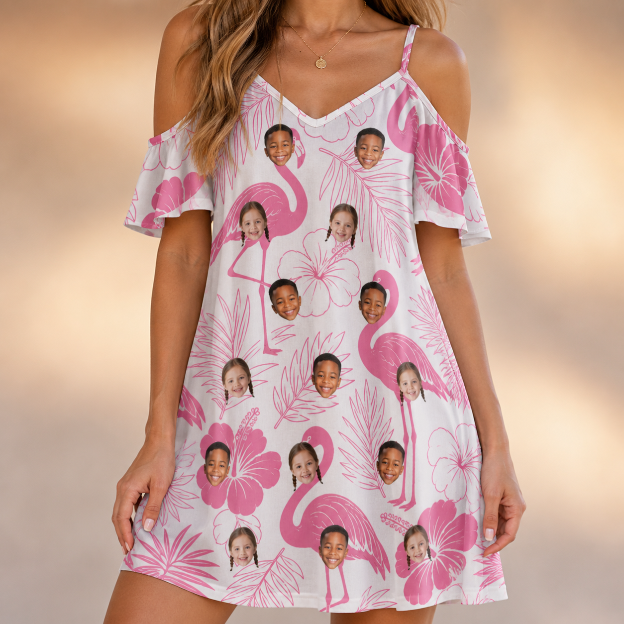 Model wearing Women's Rosy Waders Custom Face Off-Shoulder Dress printed with kids' faces