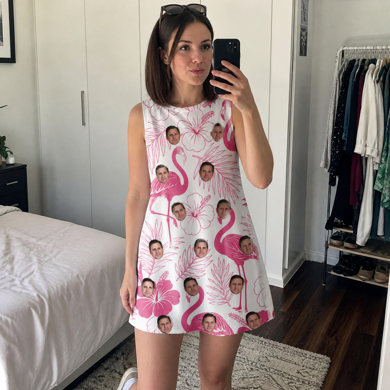 Real-life photo of someone wearing Women's Rosy Waders Custom Face Tank Dress — custom faces printed all-over