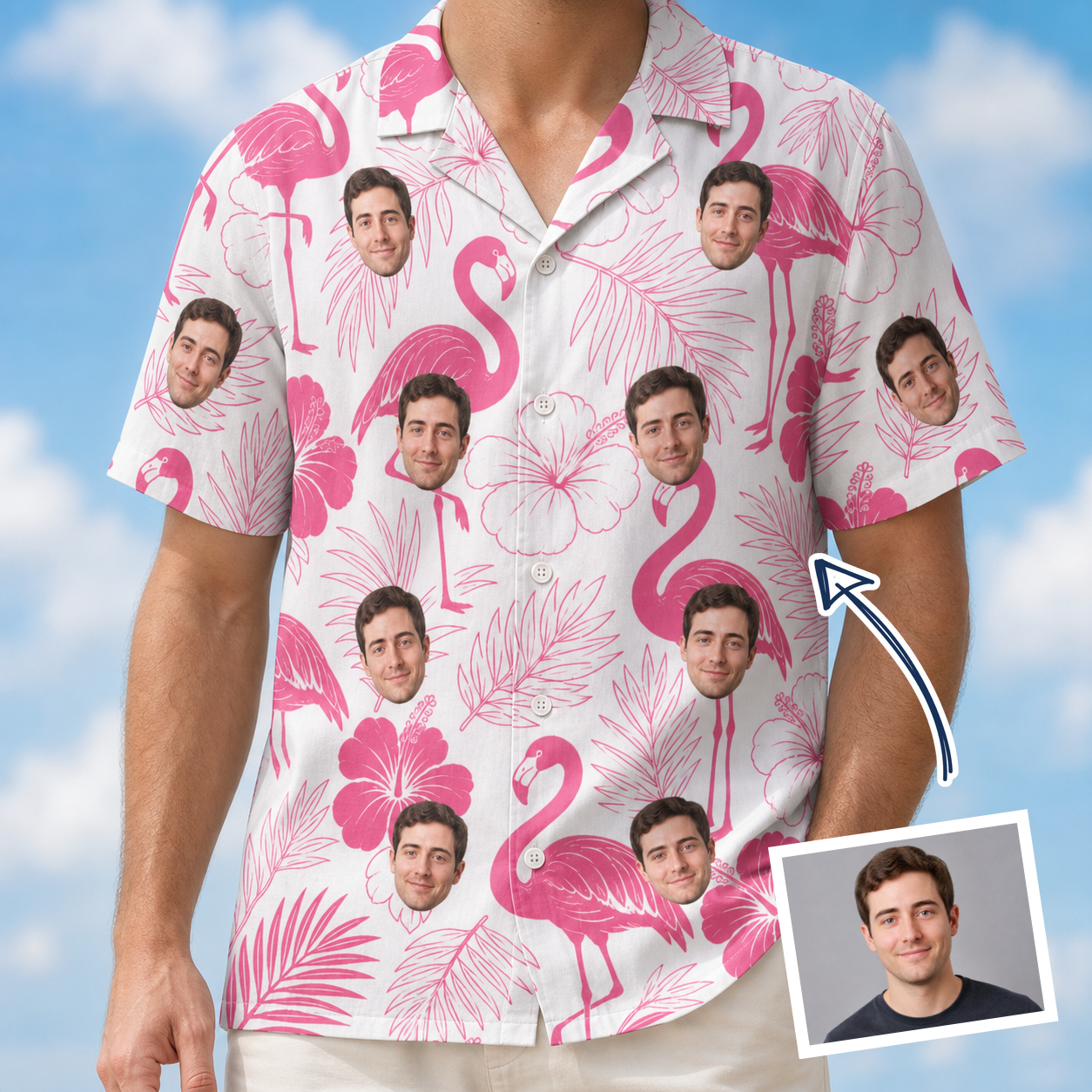 Man wearing Men's Rosy Waders Custom Face Hawaiian Shirt — custom faces printed all-over