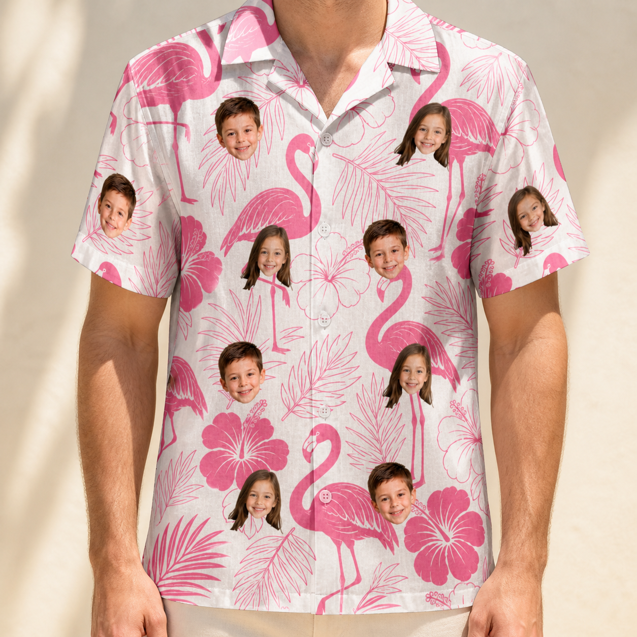 Model wearing Men's Rosy Waders Custom Face Hawaiian Shirt printed with kids' faces