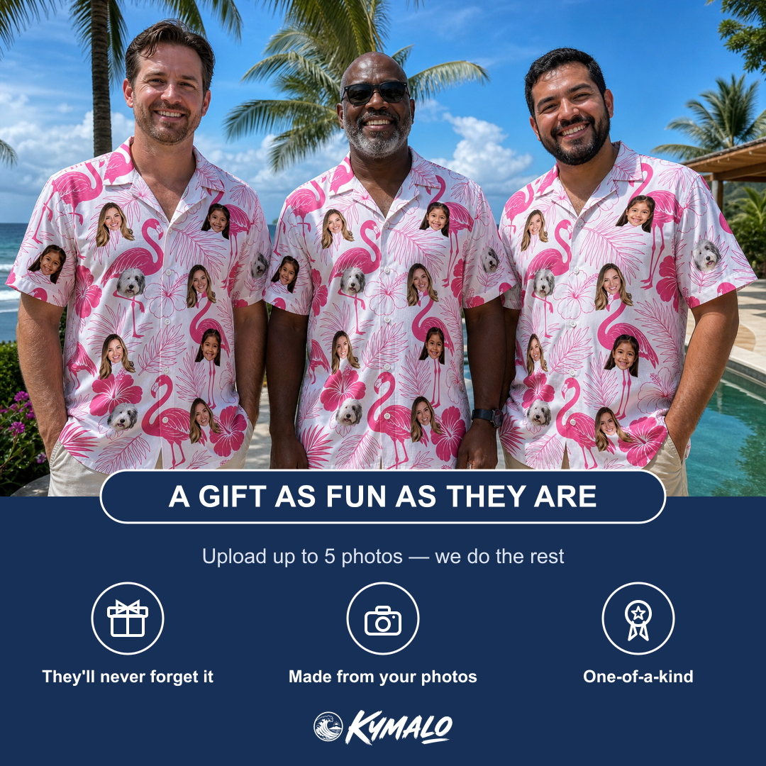 Friends in matching Men's Rosy Waders Custom Face Hawaiian Shirt — a group gift photo
