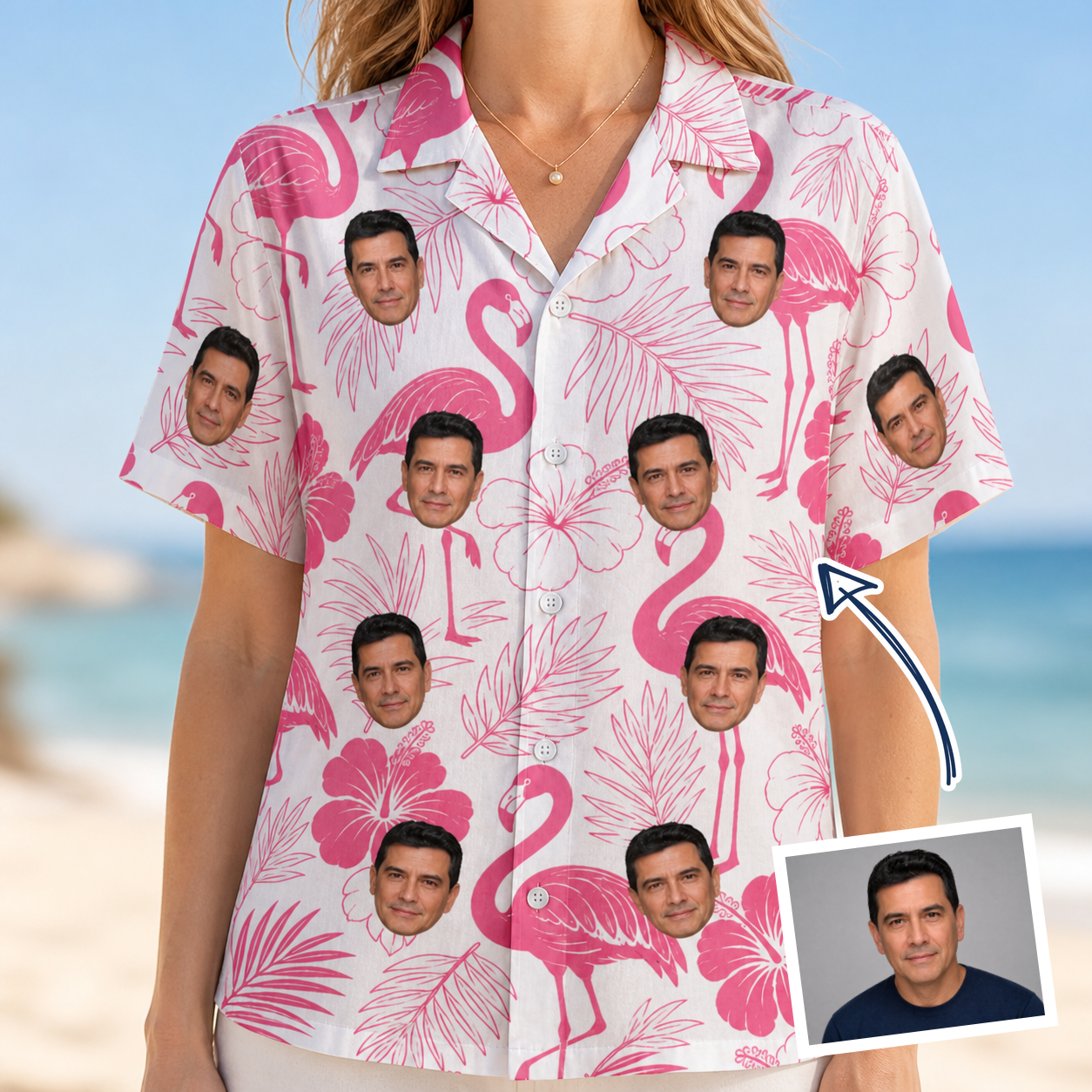Woman wearing Women's Rosy Waders Custom Face Hawaiian Shirt — custom faces printed all-over