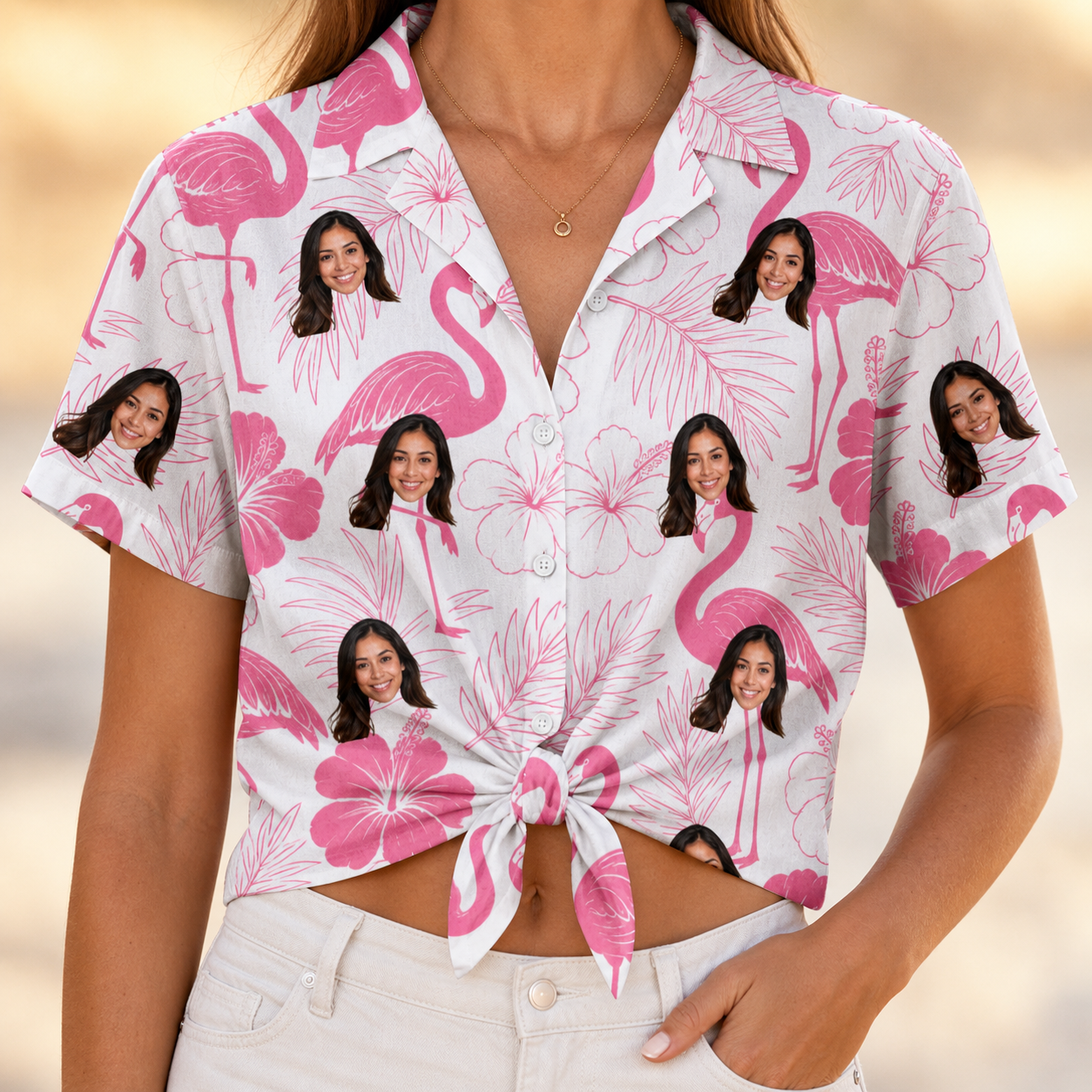 Woman wearing Women's Rosy Waders Custom Face Hawaiian Shirt tied at the waist