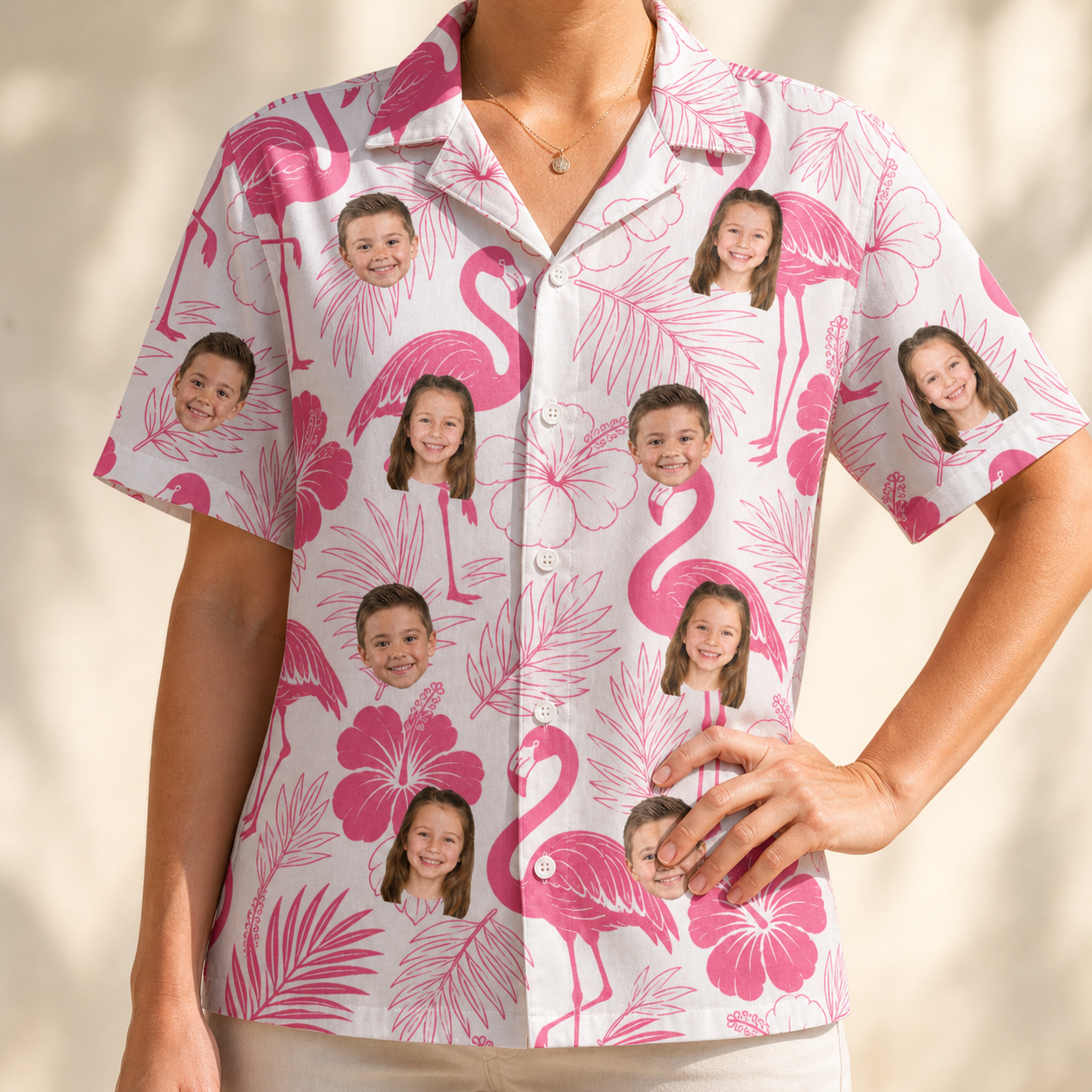Model wearing Women's Rosy Waders Custom Face Hawaiian Shirt printed with kids' faces
