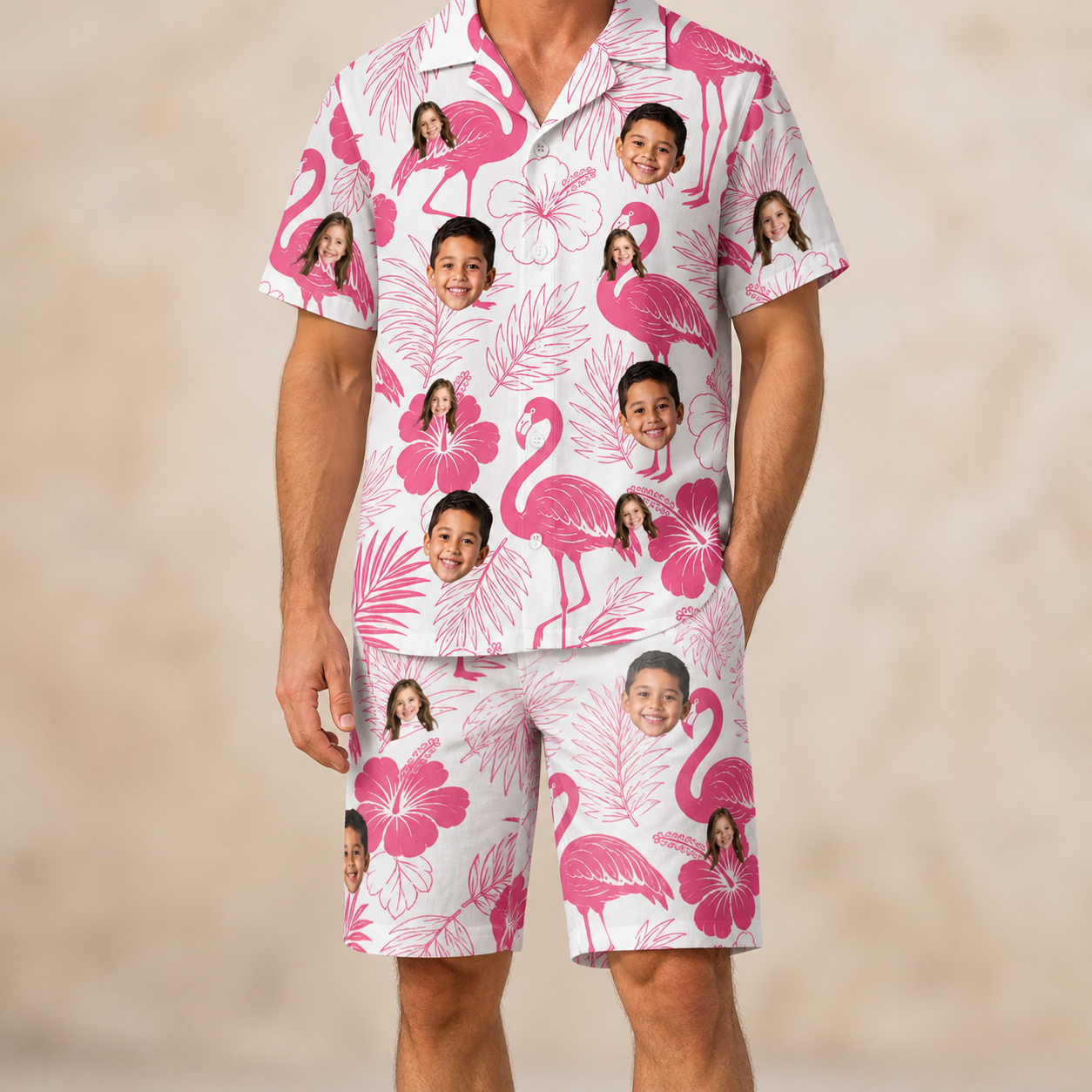 Model wearing Men's Rosy Waders Custom Face Shirt & Shorts Set printed with kids' faces