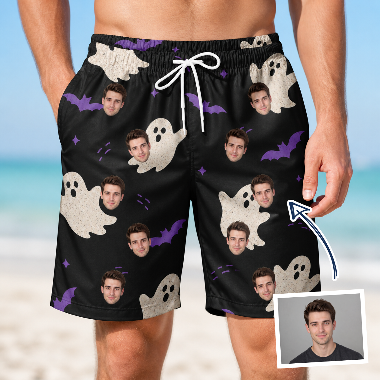 Man wearing Men's Boo Bats Custom Face Beach Shorts — custom faces printed all-over