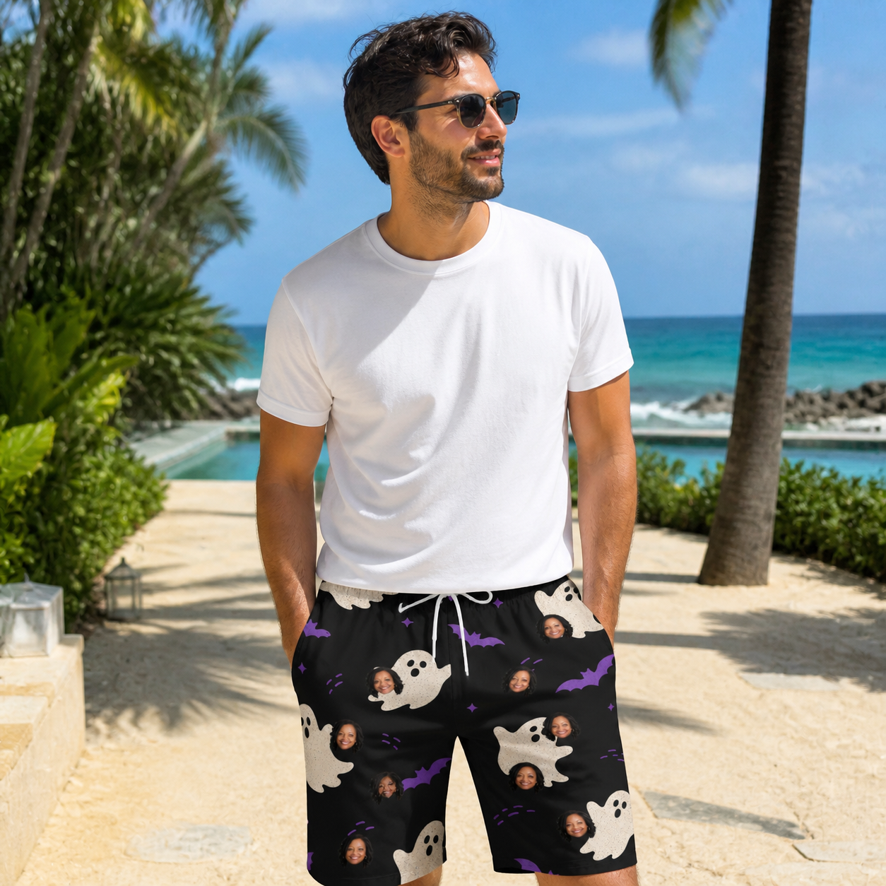 Real-life photo of someone wearing Men's Boo Bats Custom Face Beach Shorts — custom faces printed all-over